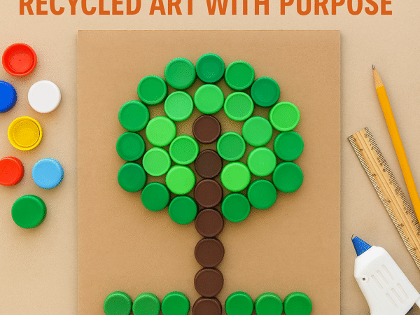 Kids' recycled art project using bottle caps to create a colourful tree mosaic on cardboard with craft tools nearby
