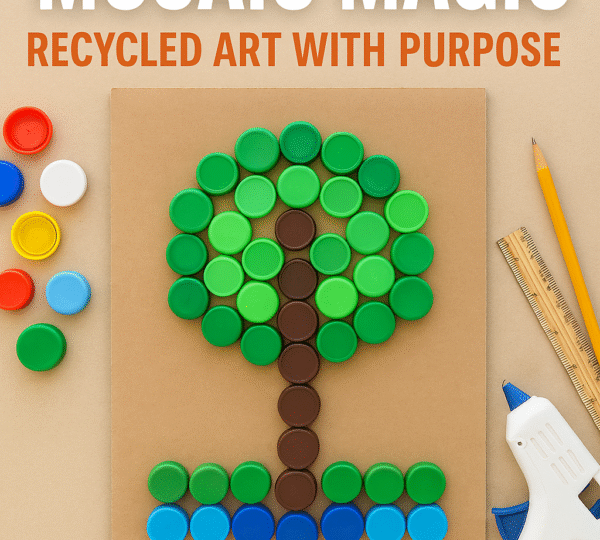 Kids' recycled art project using bottle caps to create a colourful tree mosaic on cardboard with craft tools nearby