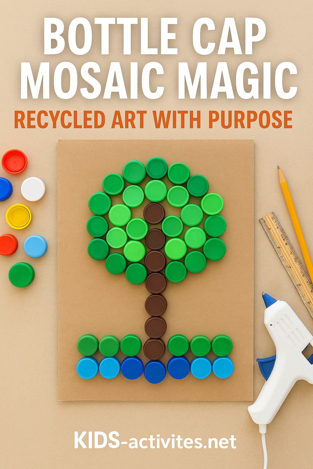 Bottle Cap Mosaic Magic – Recycled Art Craft for Kids - Kids Activities Kids' recycled art project using bottle caps to create a colourful tree mosaic on cardboard with craft tools nearby