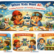A colorful illustration showing children interacting with friendly robots and AI-themed activities, including building a robot, spotting AI in daily life, inventing AI helpers, and learning how AI helps the world, with a kids-activities.net logo in the bottom right corner.
