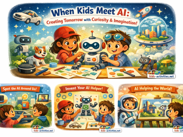 A colorful illustration showing children interacting with friendly robots and AI-themed activities, including building a robot, spotting AI in daily life, inventing AI helpers, and learning how AI helps the world, with a kids-activities.net logo in the bottom right corner.