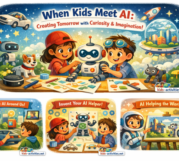A colorful illustration showing children interacting with friendly robots and AI-themed activities, including building a robot, spotting AI in daily life, inventing AI helpers, and learning how AI helps the world, with a kids-activities.net logo in the bottom right corner.