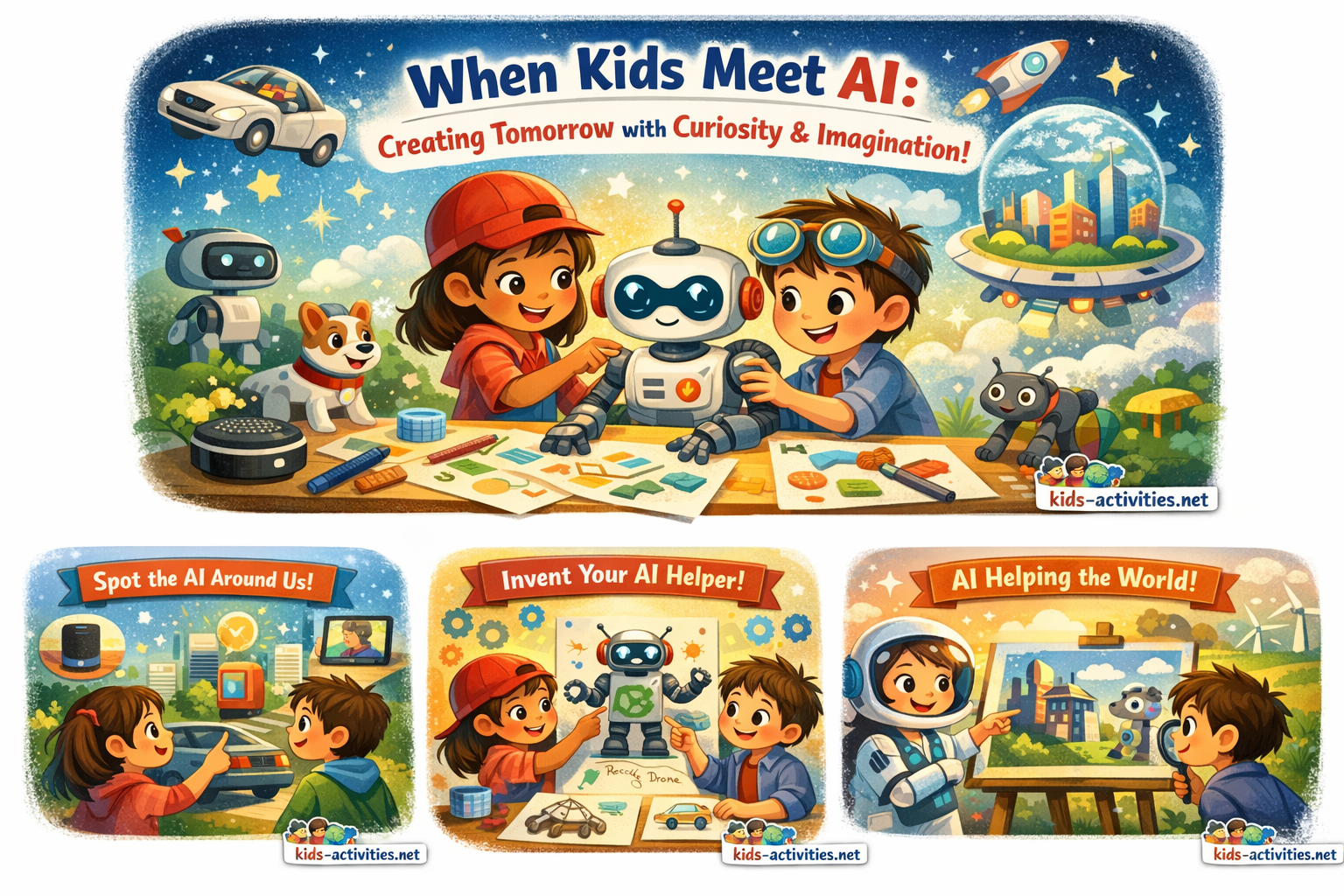 A colorful illustration showing children interacting with friendly robots and AI-themed activities, including building a robot, spotting AI in daily life, inventing AI helpers, and learning how AI helps the world, with a kids-activities.net logo in the bottom right corner.