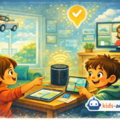 Two kids using AI-powered tablets and smart devices at home, exploring technology through learning activities