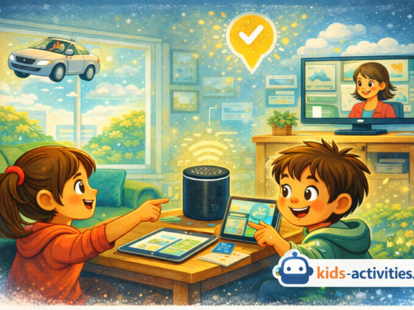 Two kids using AI-powered tablets and smart devices at home, exploring technology through learning activities