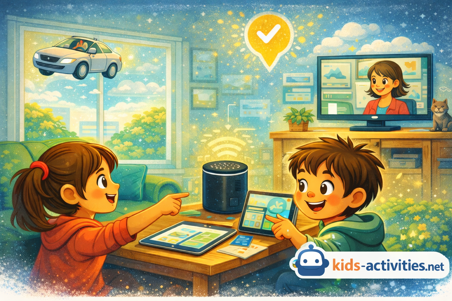 Two kids using AI-powered tablets and smart devices at home, exploring technology through learning activities