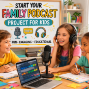 Kids recording a family podcast project with headphones, microphone, laptop, and notes in a bright educational room.