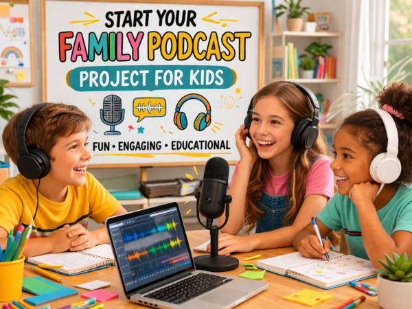 Kids recording a family podcast project with headphones, microphone, laptop, and notes in a bright educational room.