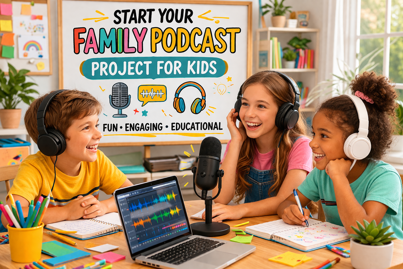 Kids recording a family podcast project with headphones, microphone, laptop, and notes in a bright educational room.